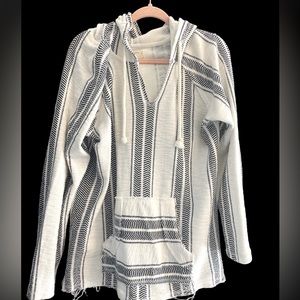 Distressed, navy and cream hooded pull over with front pocket